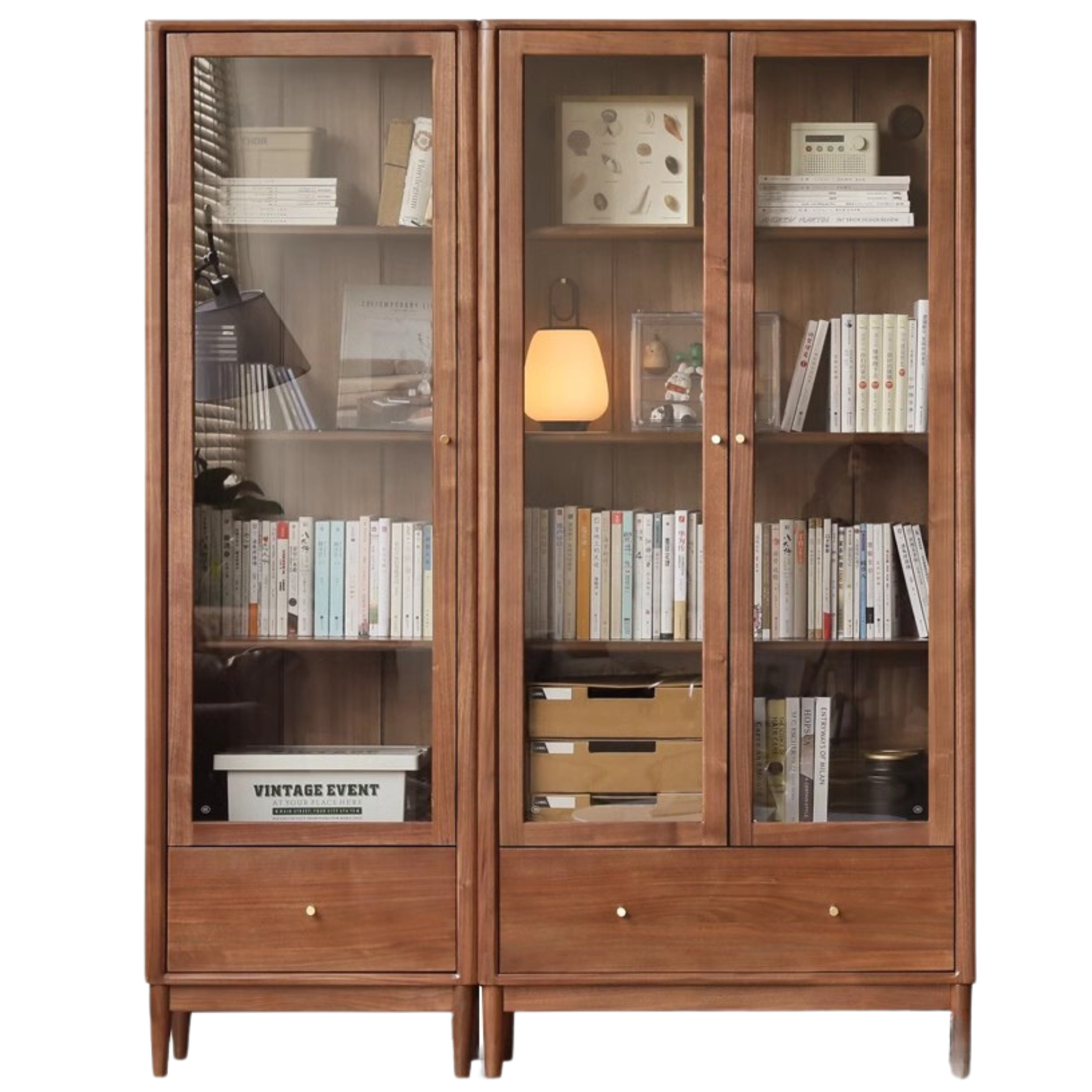 Black Walnut solid wood bookcase with glass door<