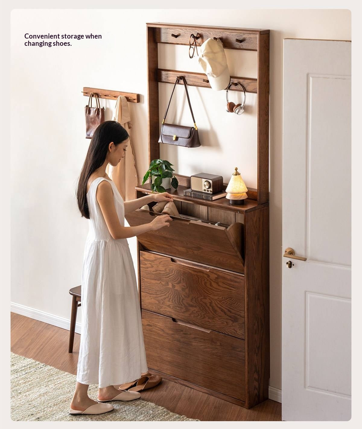 Oak Solid Wood Narrow Hall Tree with Shoe Storage Cabinet and Coat Hooks