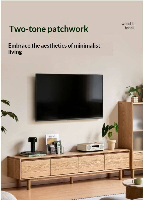 Oak Solid Wood Scandinavian TV Console with Two-Tone Color Block Doors