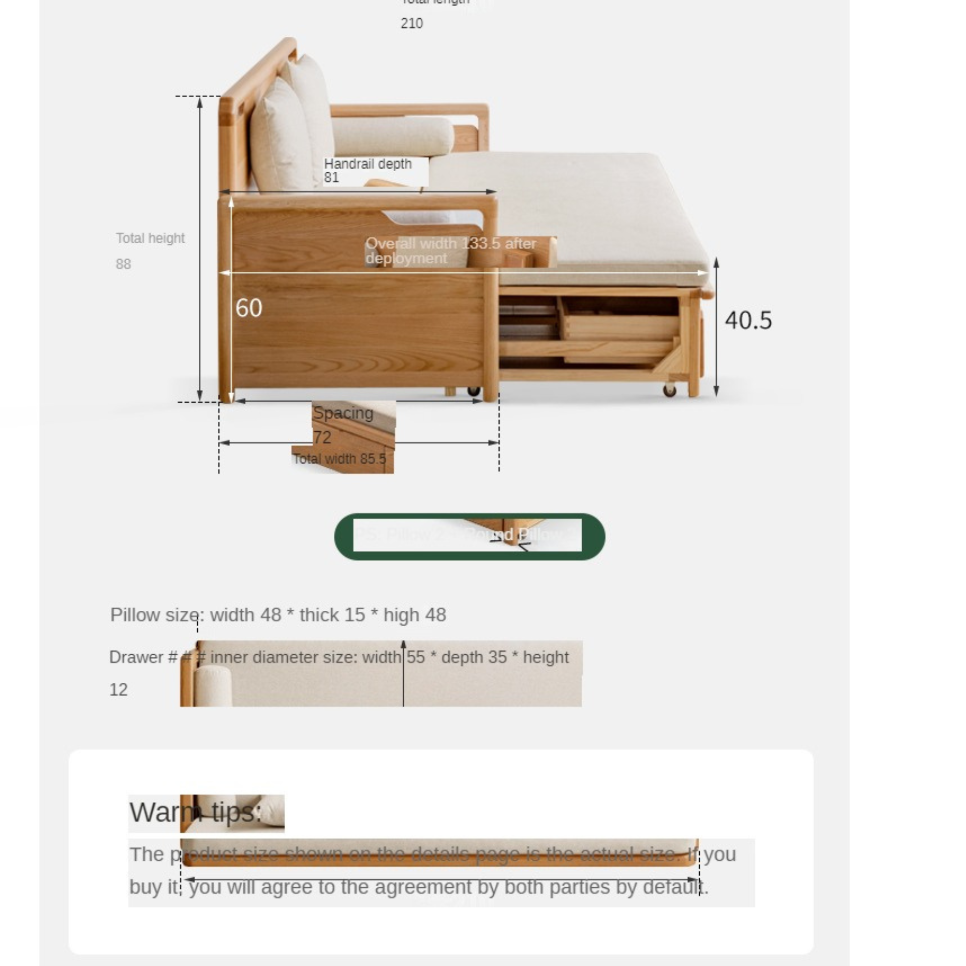 Oak Foldable Sofa Bed New Multifunctional Storage: