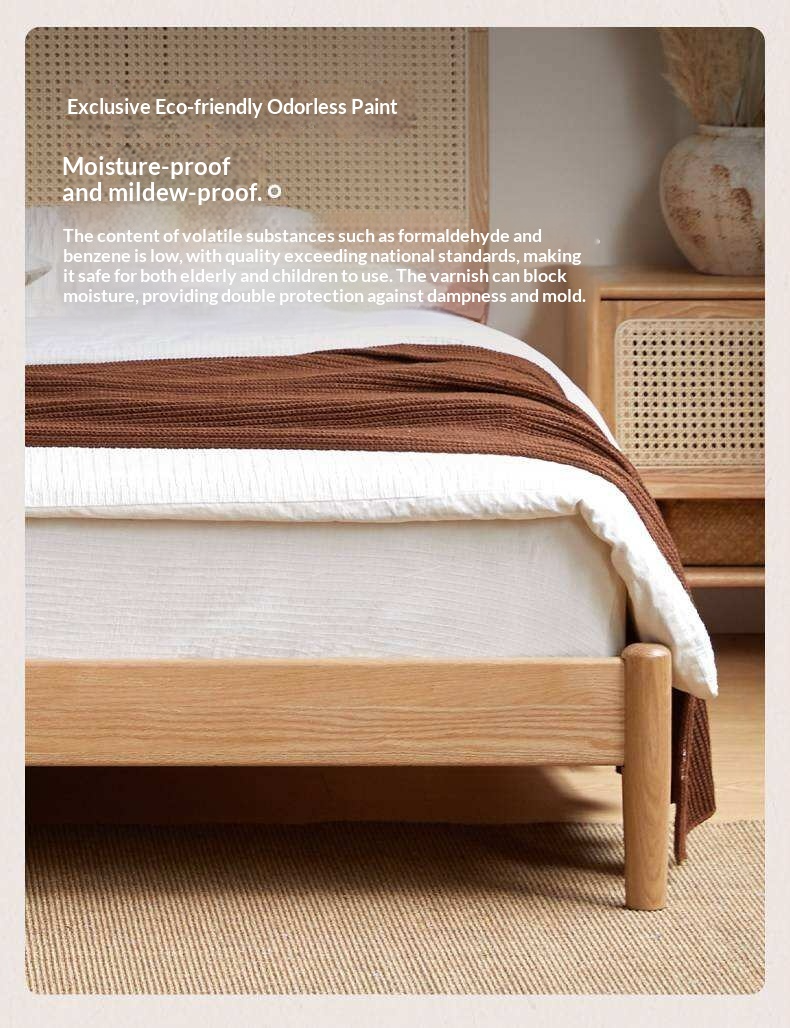 Oak Solid Wood Platform Bed with Curved Rattan Headboard