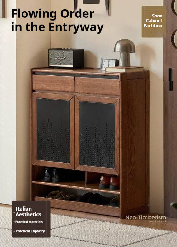 Oak Solid Wood Shoe Cabinet with Flip-Top Compartment and Perforated Metal Door