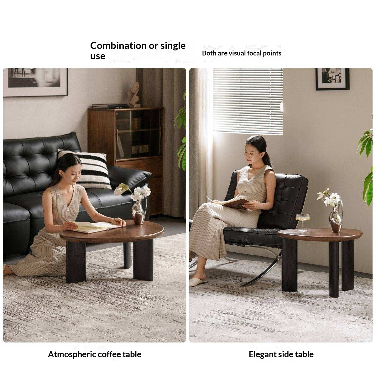 Black Walnut Solid Wood Organic Shape Coffee Table Set, Italian Style