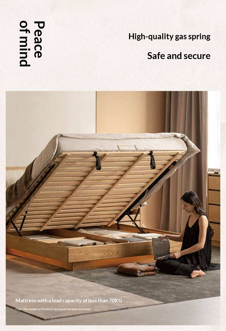 Ash Solid Wood Genuine Leather Upholstered Storage Bed with Electric Lift and LED Lighting
