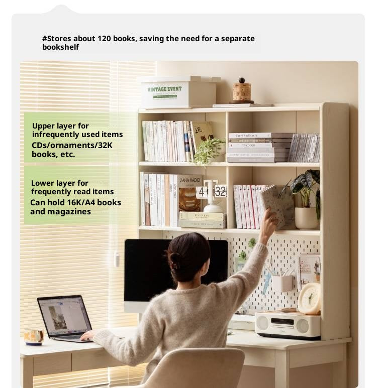 Oak Solid Wood Modern Cream Style Desk and Bookshelf Integrated