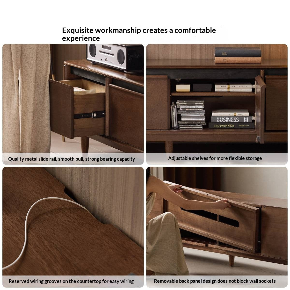 Sandalwood Solid Wood Italian Minimalist TV Console with Tapered Legs