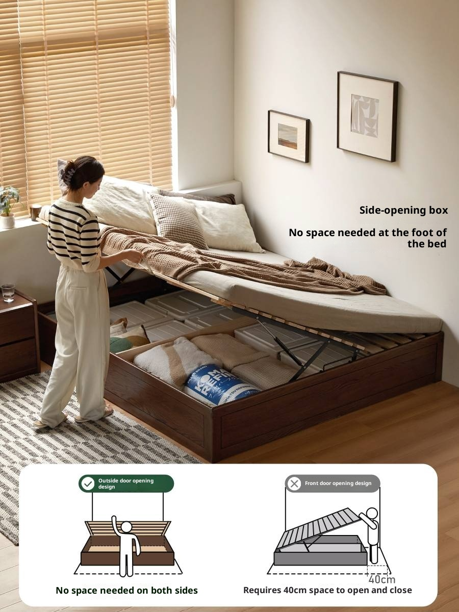 Oak, Rubberwood Solid Wood Platform Box Bed, Headboard-Free Bed Modern Minimalist