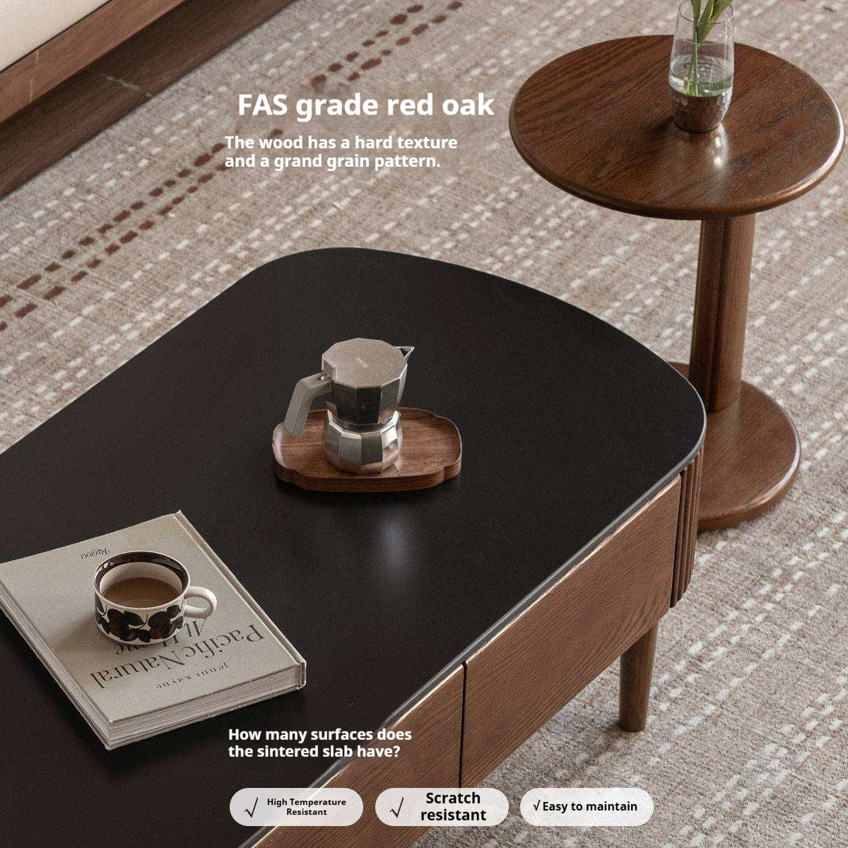 Oak Solid Wood Coffee Table with Rock Plate Surface