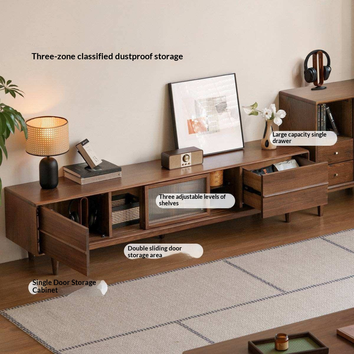 Black Walnut, Ash Solid Wood, Solid Longan Hardwood TV Cabinet with Sliding Door Storage
