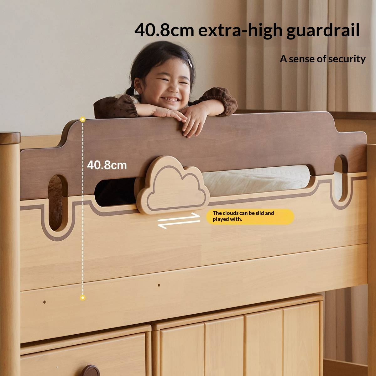 Rubberwood Solid Wood Children's Loft Bed with Under-Bed Cabinets