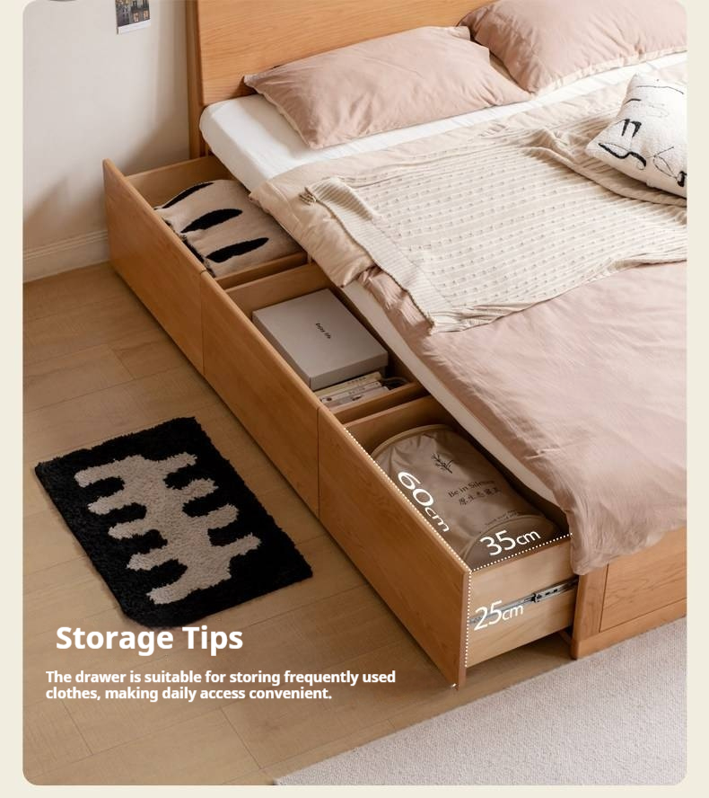 Cherry Solid Wood Storage Bed with Side Storage Drawers