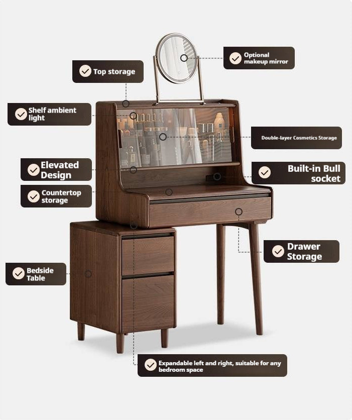 Black Walnut, Sandalwood Solid Wood Light Luxury Multifunctional Dressing Table