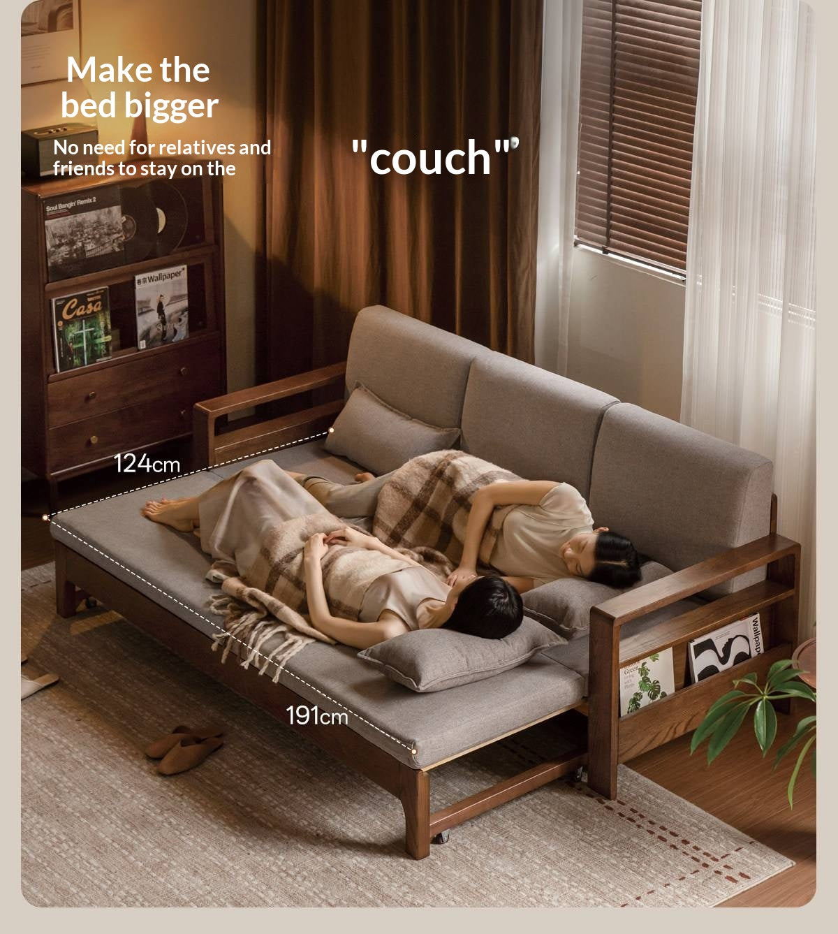 Oak, Beech Sofa Bed with Wood Frame and Side Storage Pocket