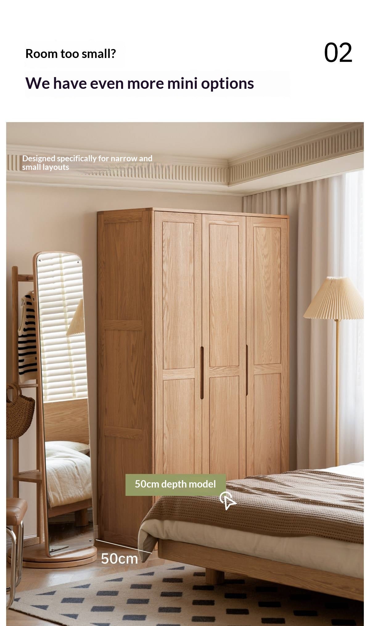 Oak solid wood Wardrobe with Flat Panel Doors and Groove Handles