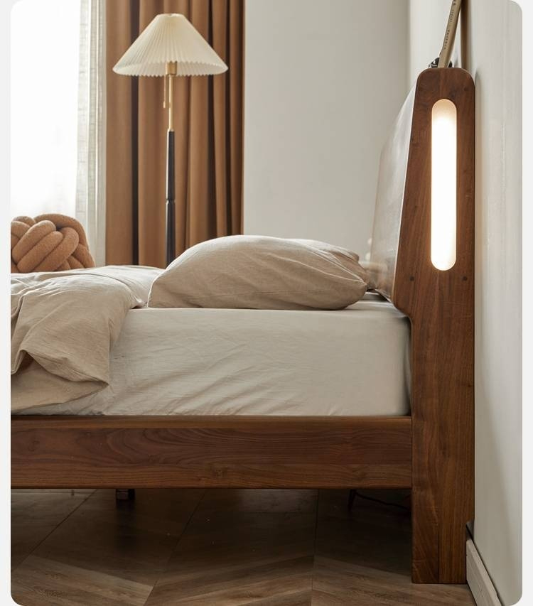 Black Walnut Solid Wood suspended bed with Ambient LED Headboard Lighting