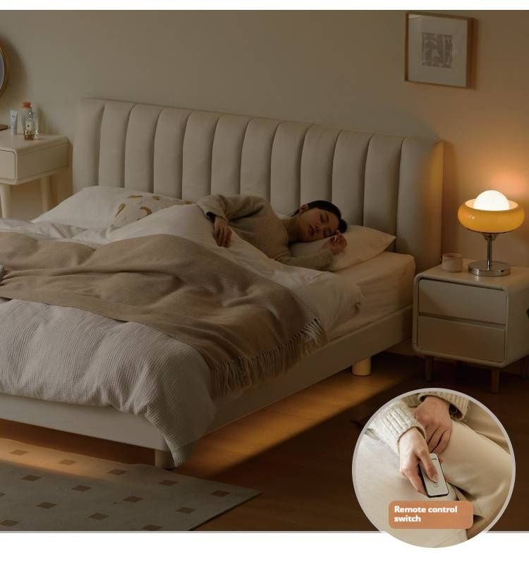 Oak,Rubber Wood  Solid Wood Cream Suspended Genuine Leather Technology Fabric Soft Wrapped Bed