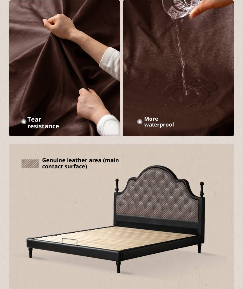 Genuine Leather Elegant Soft Backrest Bed, French Retro
