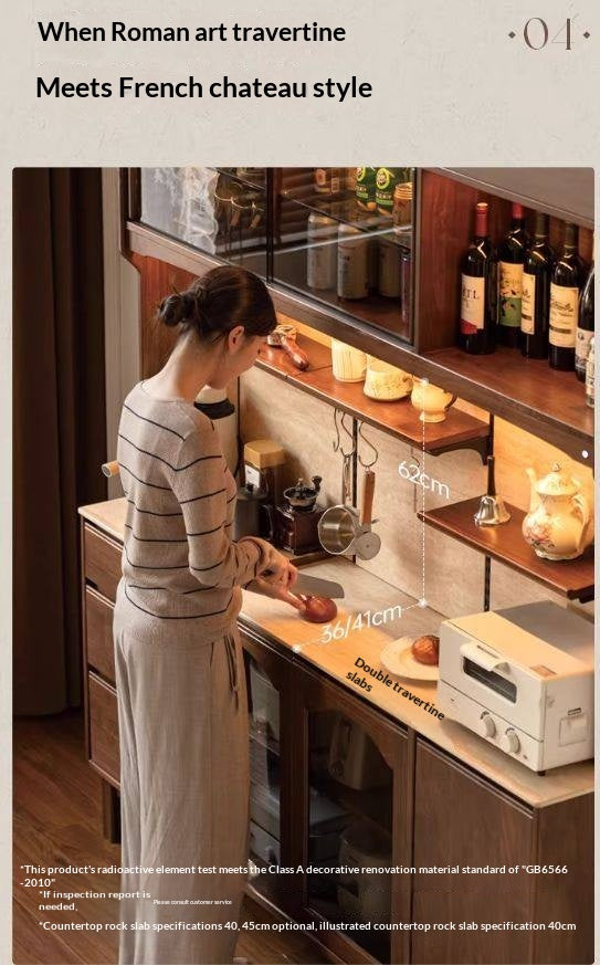 Black Walnut Solid Wood Buffet Cabinet with Retro Style and Rock Board Surface