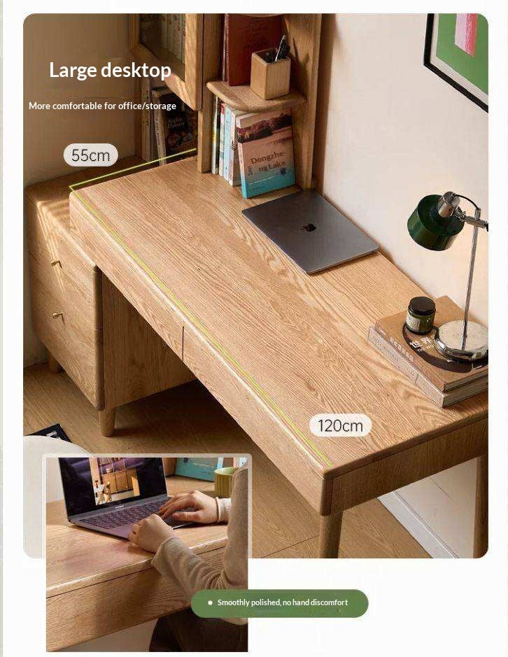 Oak Solid Wood Corner Office Desk with Integrated Bookshelf