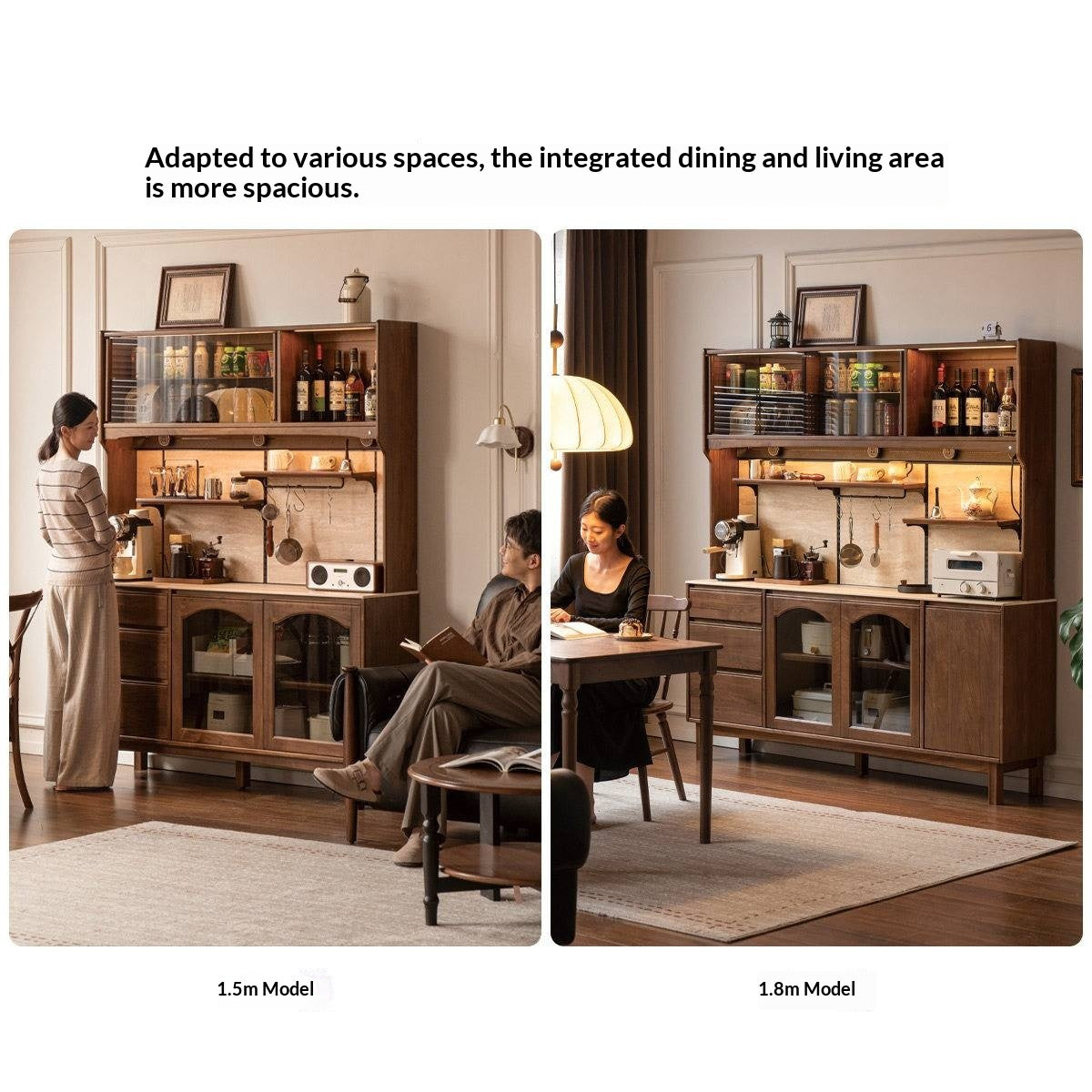 Black Walnut Solid Wood Buffet Cabinet with Retro Style and Rock Board Surface