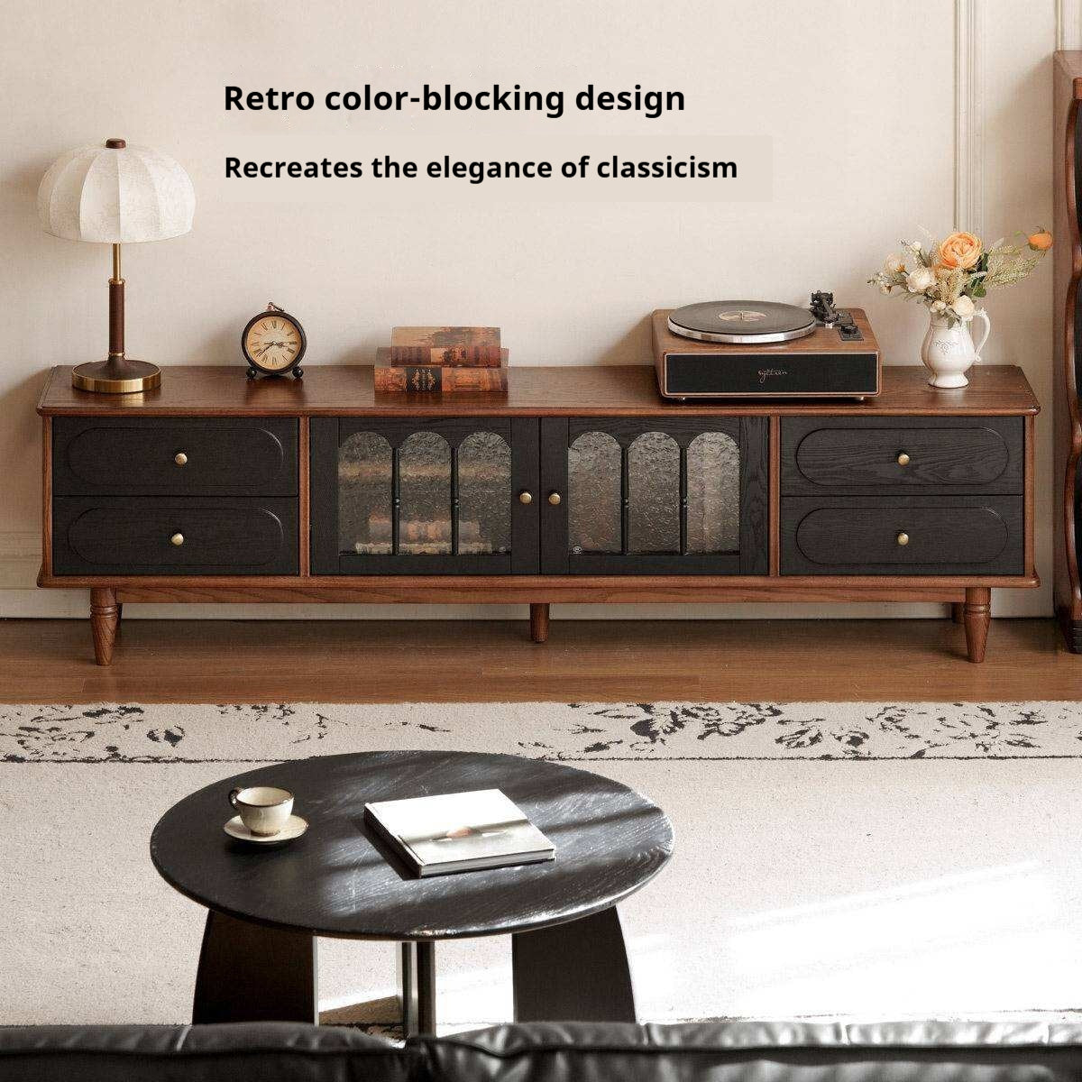 Black Walnut, Ash Solid Wood TV Cabinet with Integrated Storage, Vintage Style Floor Cabinet