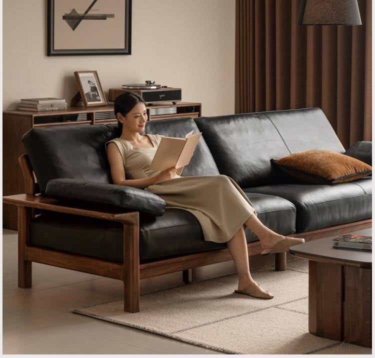 Black Walnut, Ash Solid Wood Wabi Sabi Style Genuine Leather Sofa, fabric sofa
