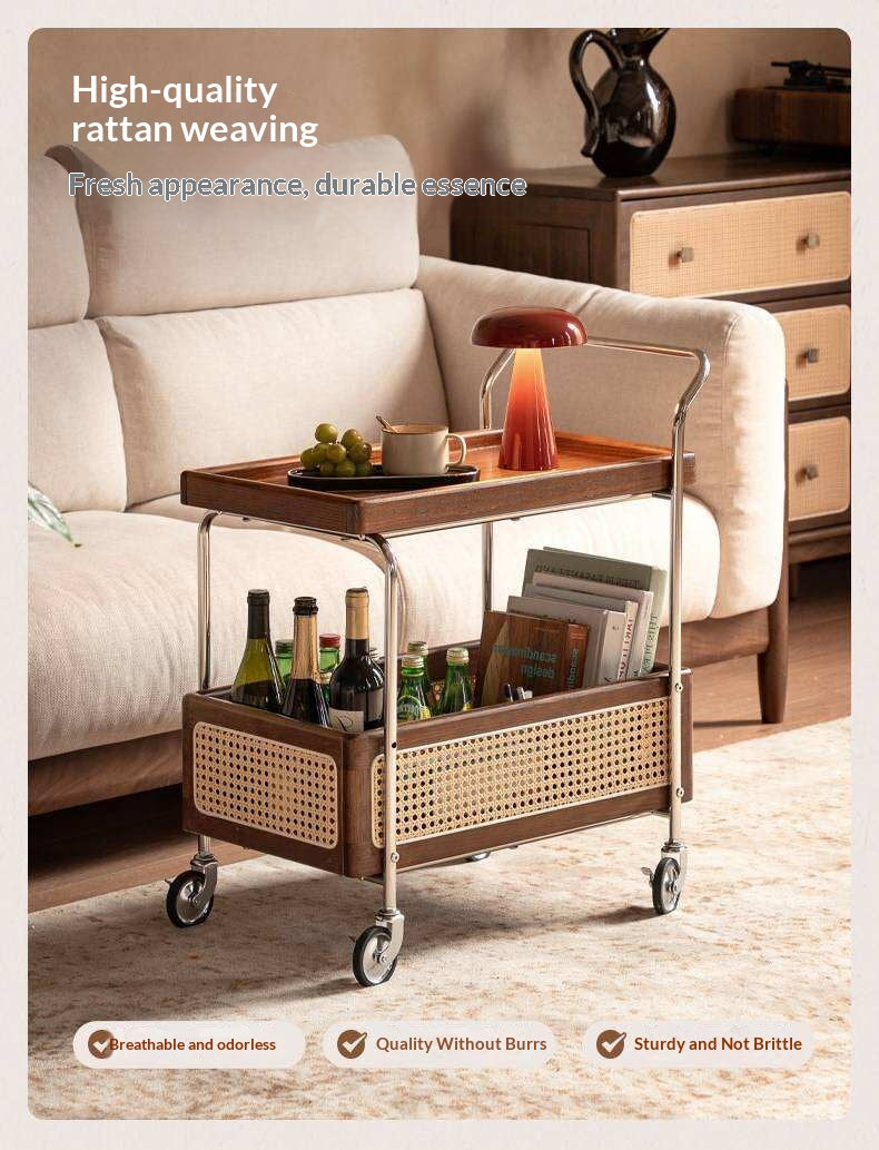 Oak Solid Wood Side Table with Double Layer Storage and Mobile Trolley