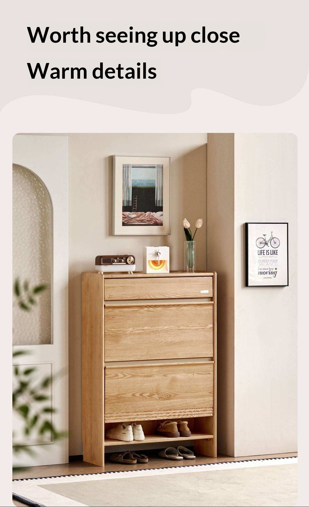 Oak Solid Wood Slim Entryway Shoe Cabinet with Tilt-Out Compartments and Drawers