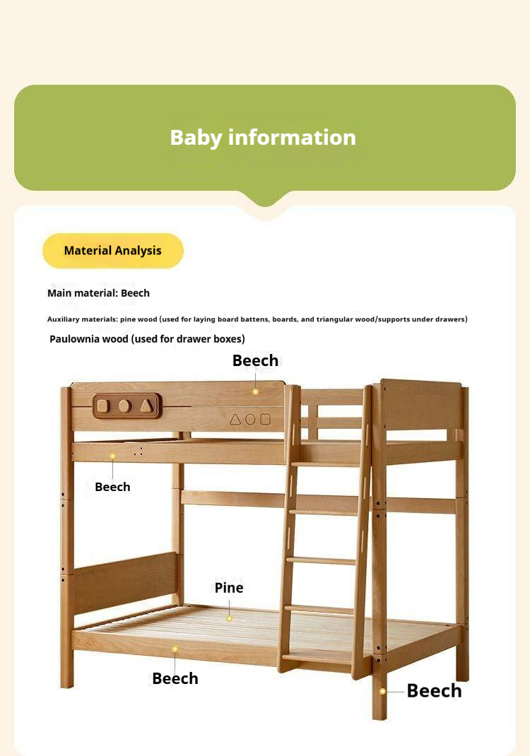 Beech Solid Wood Convertible Bunk Bed with Storage Drawers