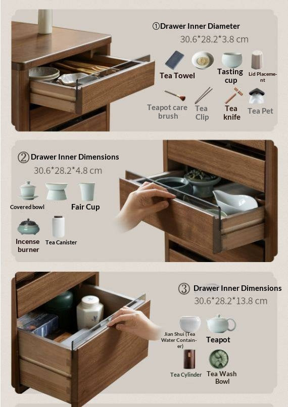 Black Walnut Solid Wood Tea Set Storage Rolling Side Cabinet with Fluted Drawers