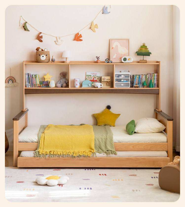 Beech Solid Wood Kids Bed with Bookcase Headboard and Pull-Out Trundle