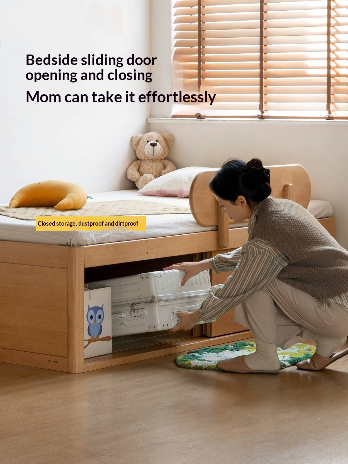 Beech, Rubberwood Solid Wood Kids’ Bed with Guardrail, Platform Bed, Headboard-Free Bed