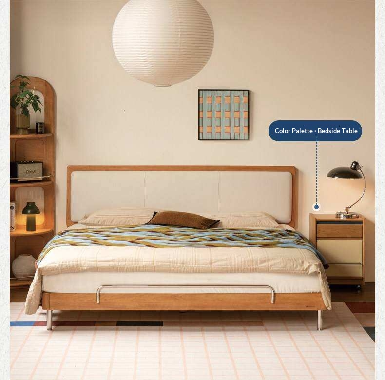 Cherry Solid Wood Bed with Modern Minimalist Design and Genuine Leather Headboard