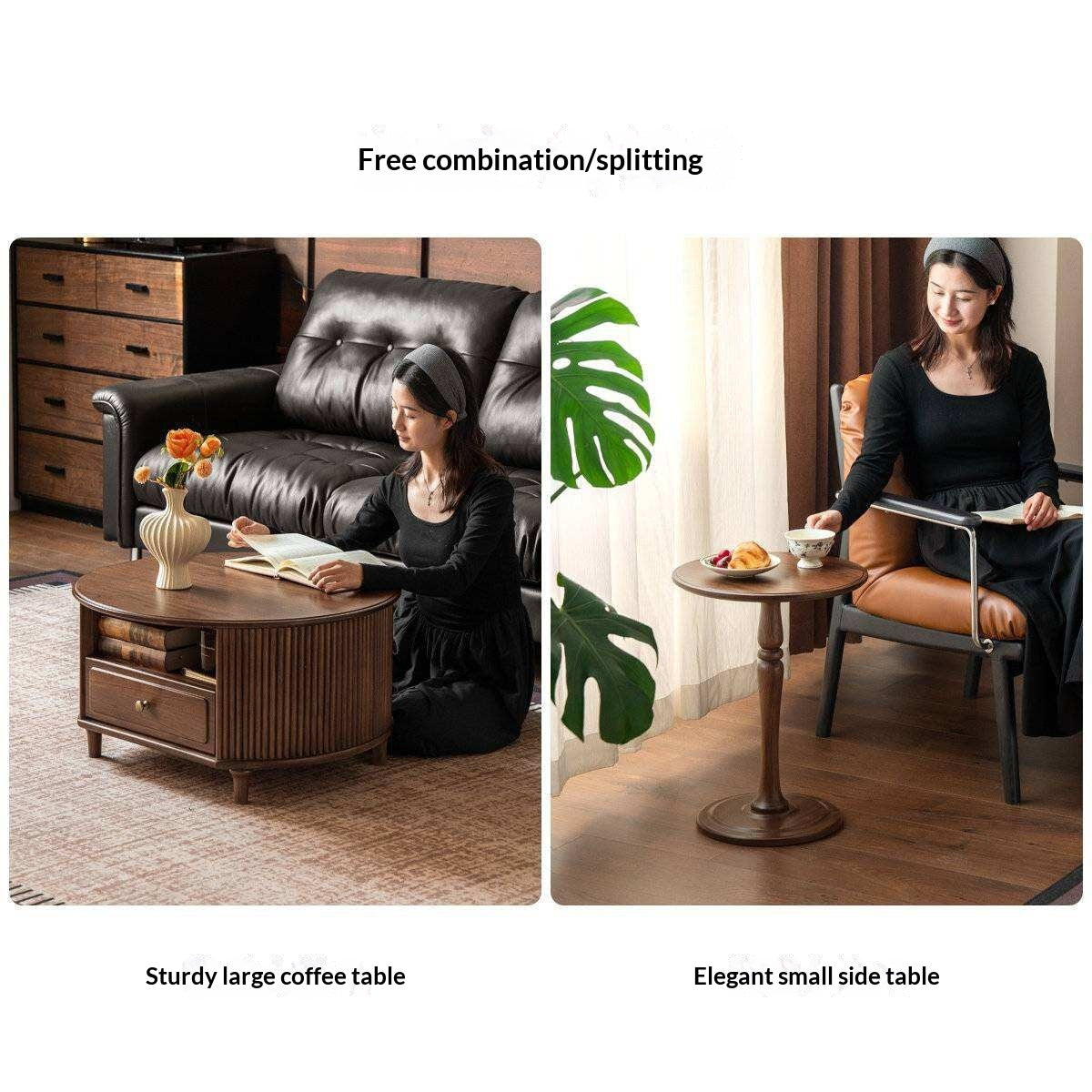 Black Walnut Solid Wood Coffee Table with Storage Drawer, Mid Century