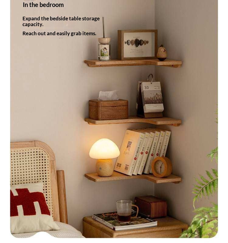 Red Oak, Cherry, Black Walnut Solid Wood Corner Hanging Storage Rack, Bookshelf