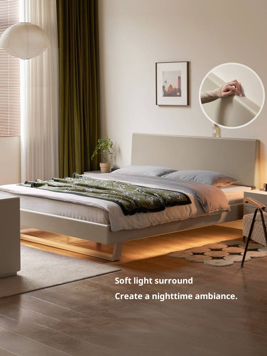Poplar Solid Wood Floating Bed with Lights, Modern Minimalist
