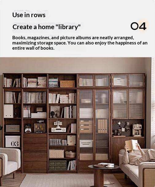 Black Walnut Solid Wood Bookcase Display Glass Door Storage Cabinet