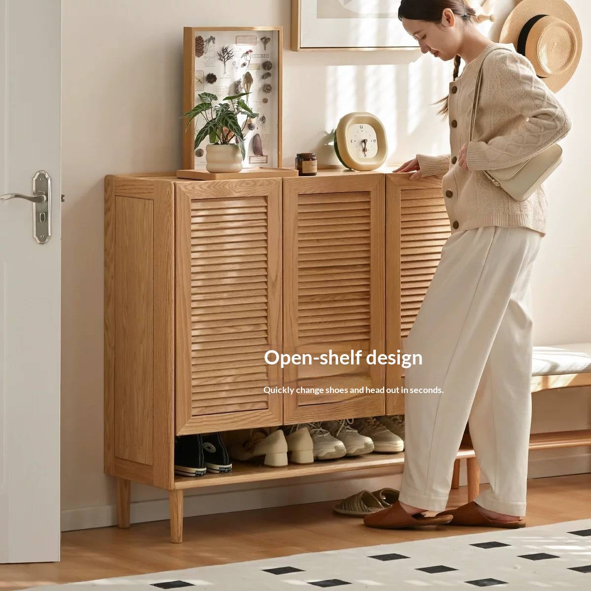 Oak Solid Wood Louvered Door Shoe Cabinet with Open Shelf for Entryway