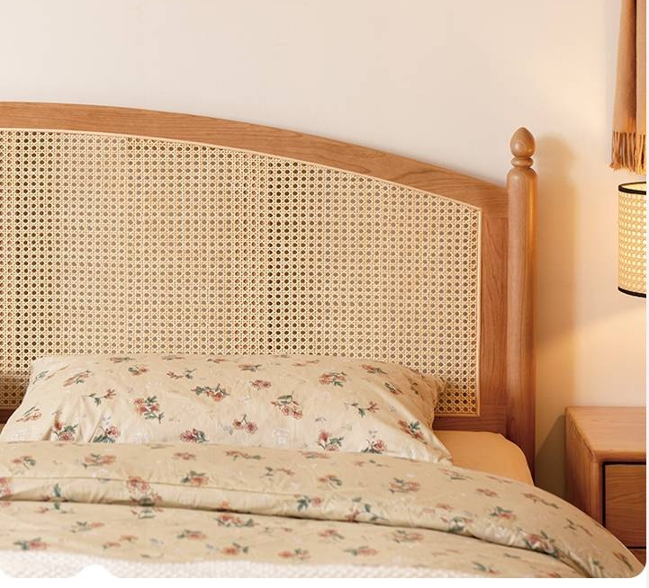 Cherry Solid Wood Rattan Bed Retro