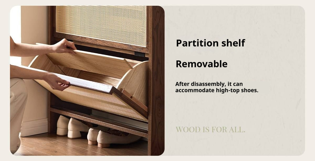 Oak Solid Wood Slim Entryway Shoe Cabinet with Rattan Flip-Down Doors