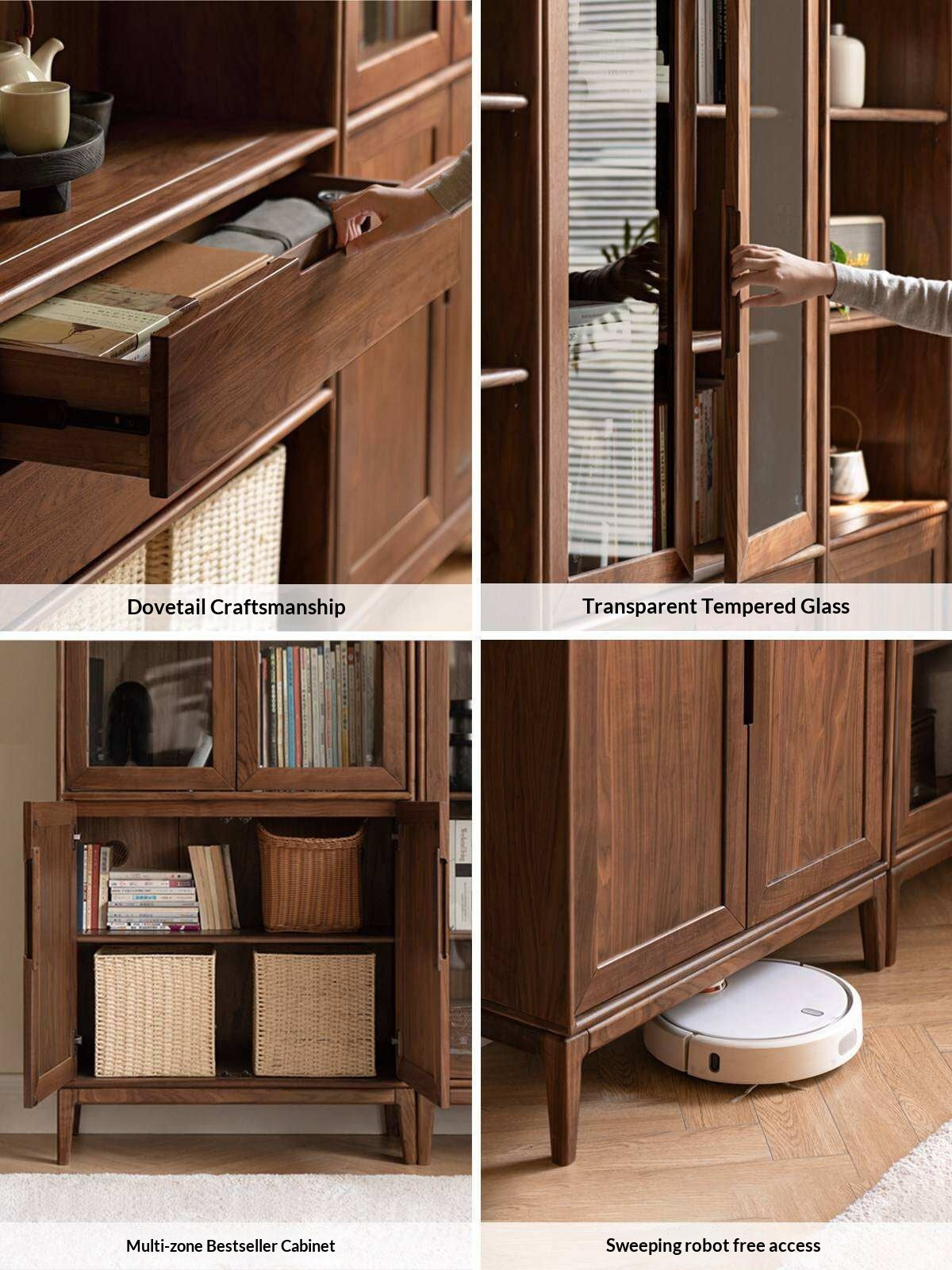Black Walnut, Ash Solid Wood Combination Dust-Proof Glass Door Bookshelf