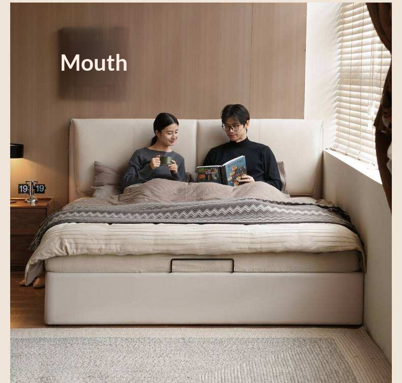 Genuine Leather Upholstered Lift-Up Storage Bed