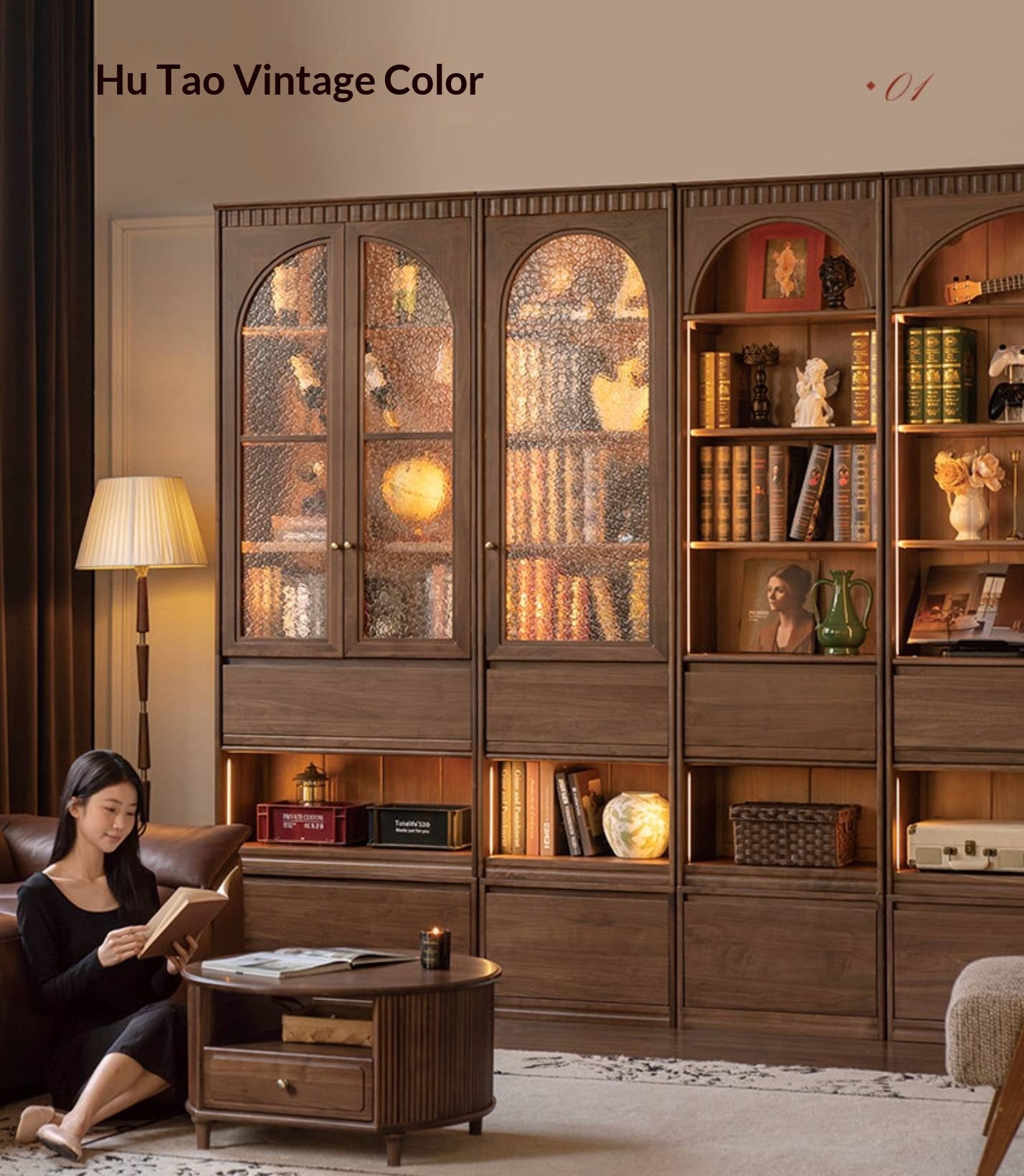 Black Walnut, Solid Sandalwood Arched Vintage Bookcase with Glass Door and Storage Drawer