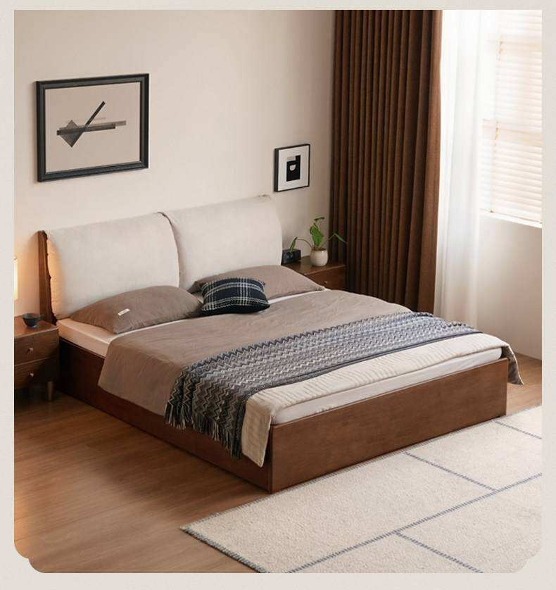 Rubberwood Solid Wood Storage Bed with Lift-Up Platform and Oversized Cushioned Headboard