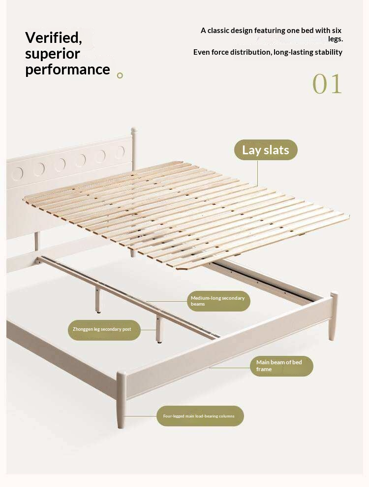 Rubberwood Solid Wood Platform Bed with Carved Dot Headboard and Spindle Legs