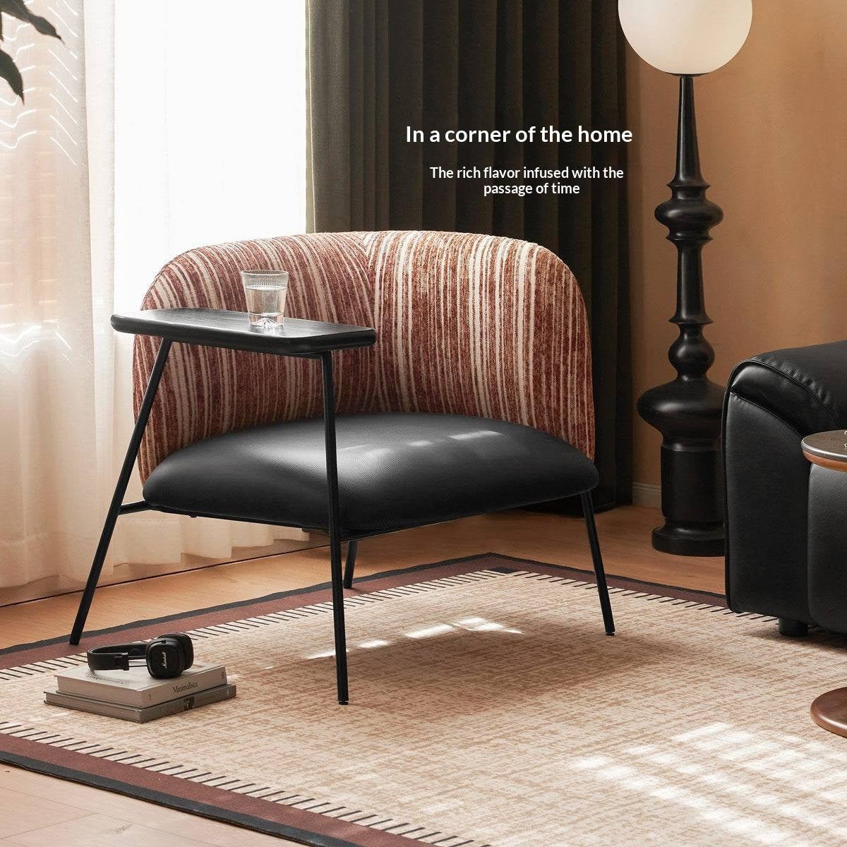 Modern Lounge Chair with Integrated Side Table, Upholstered Wraparound Accent Chair with Metal Frame