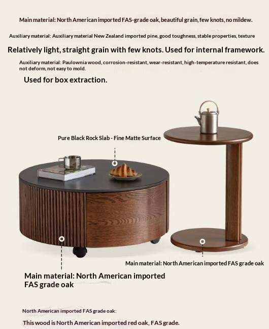 Oak Solid Wood Coffee Table with Layered Round Design and Rock Top