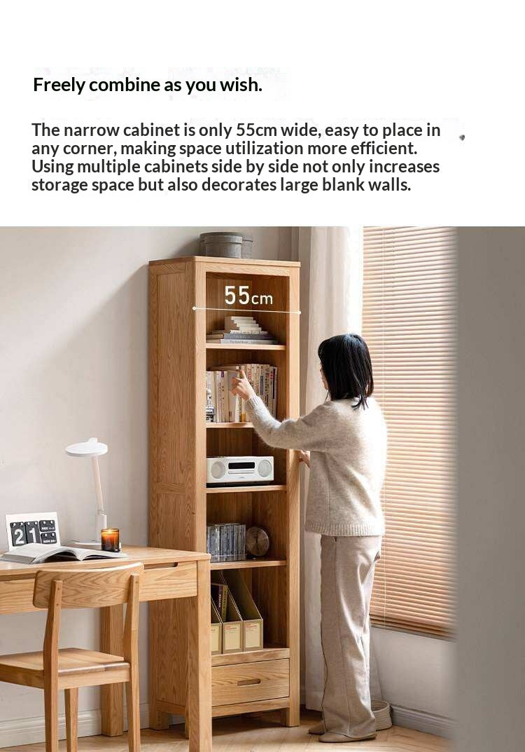 Oak, Solid Rubberwood Open Shelf Bookcase with Integrated Drawer