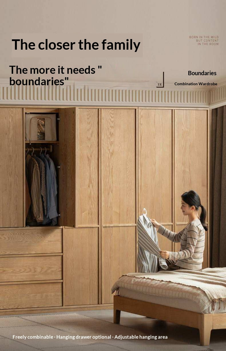 Ash Solid Wood Wardrobe with Minimalist Design and Storage Space