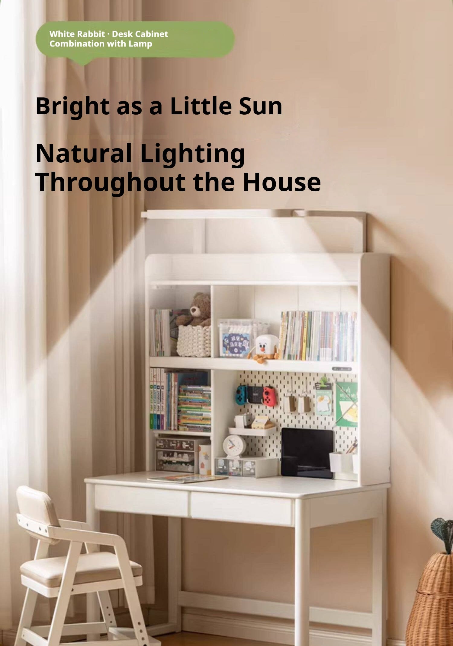 Solid RubberWood Cream Style Bookshelf Integrated Kids Table